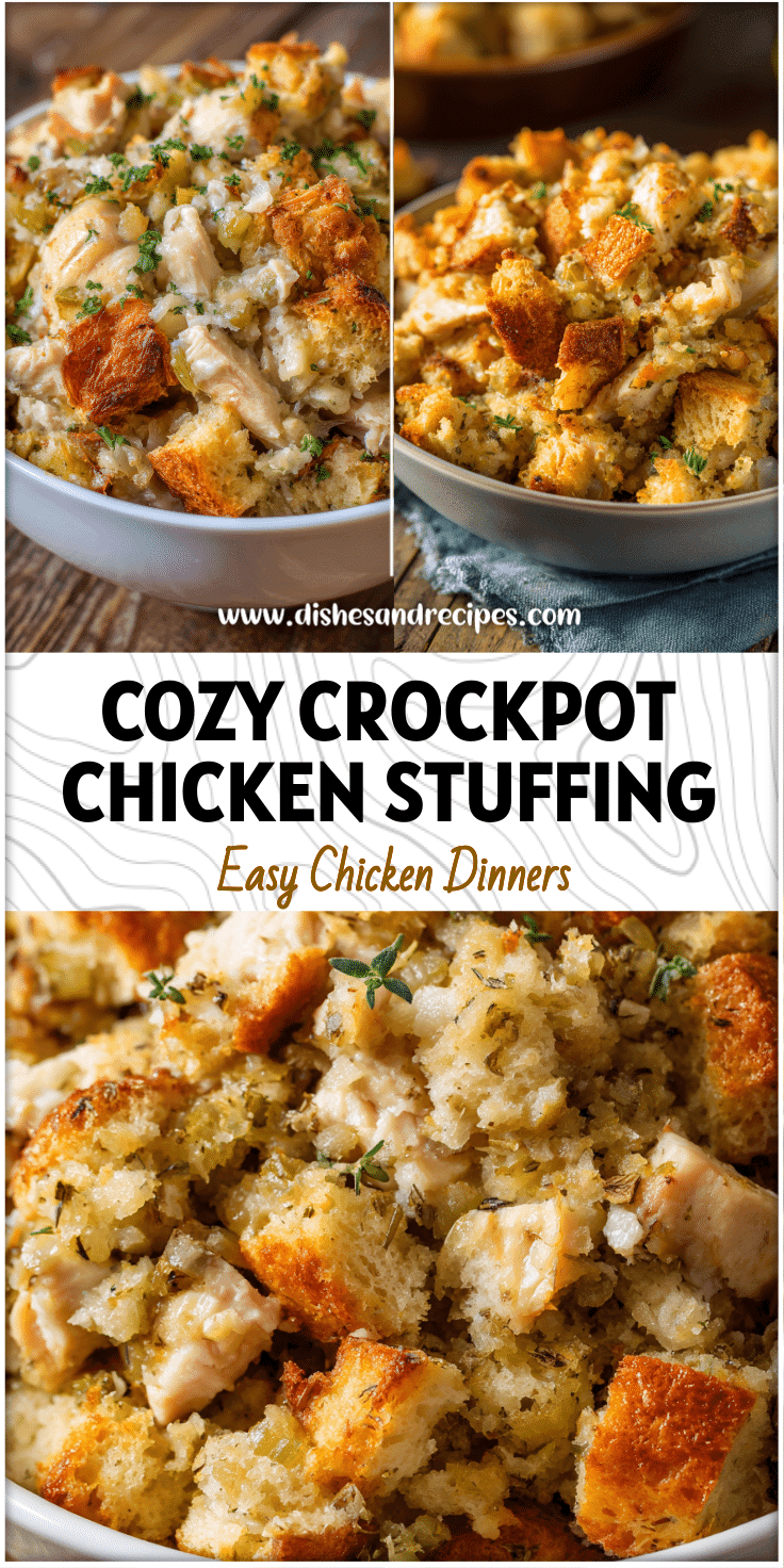Bowl of creamy Crockpot chicken and golden stuffing served as a cozy Thanksgiving Dinner In A Crockpot.